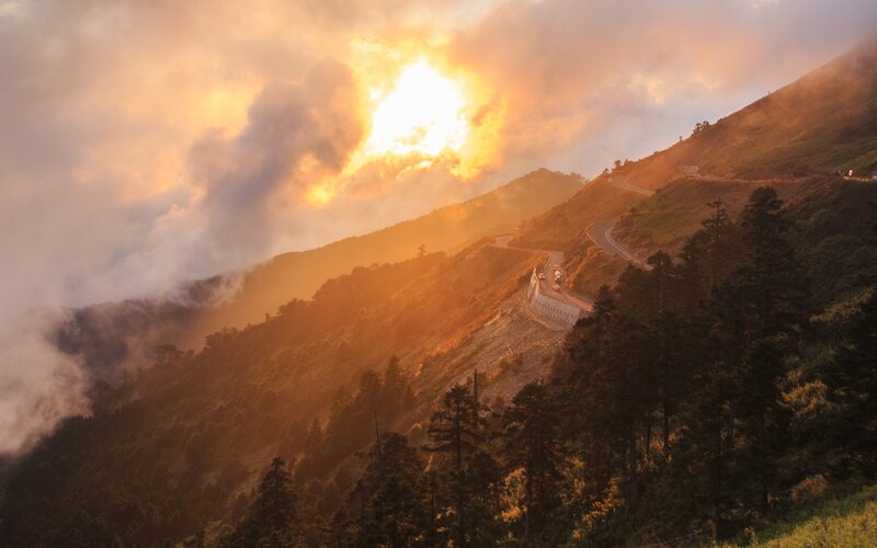 Winding Mountain Road — Orange, Dramatic, Sunset, Photograph, Sun