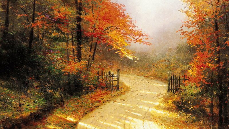 Winding Path in Autumn Forest — Orange, Serene, Painting, Trees, Fence, Leaves, Yellow