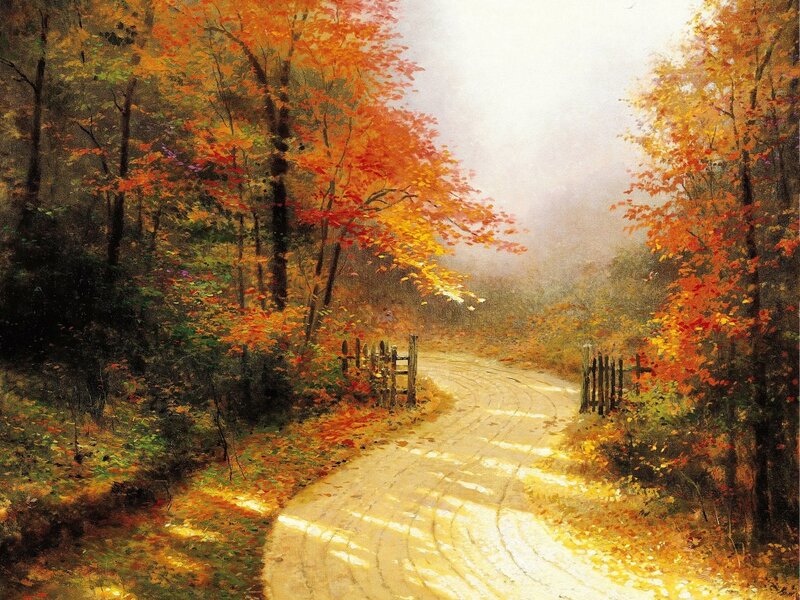 Winding Path in Autumn Forest — Orange, Serene, Painting, Trees