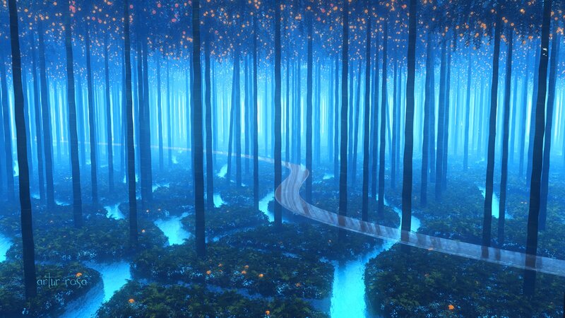 Winding Path in Forest — Blue, Serene