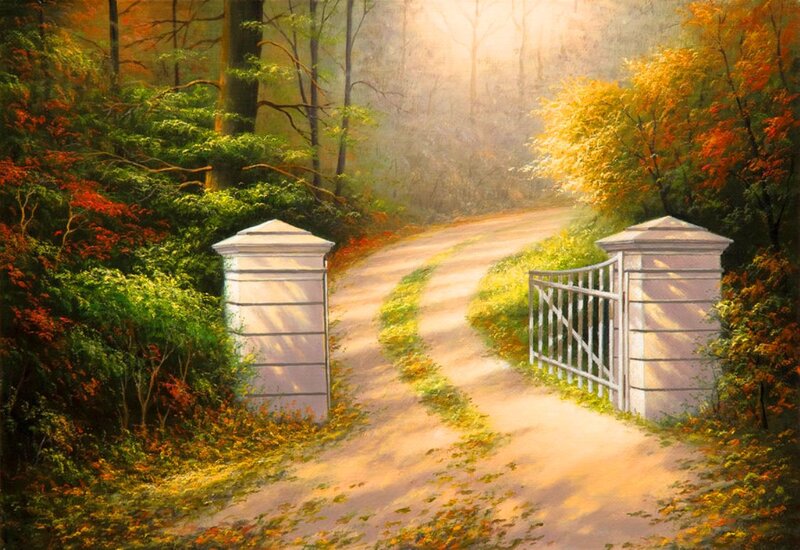 Winding Path in Forest — Green, Serene, Autumn, Painting