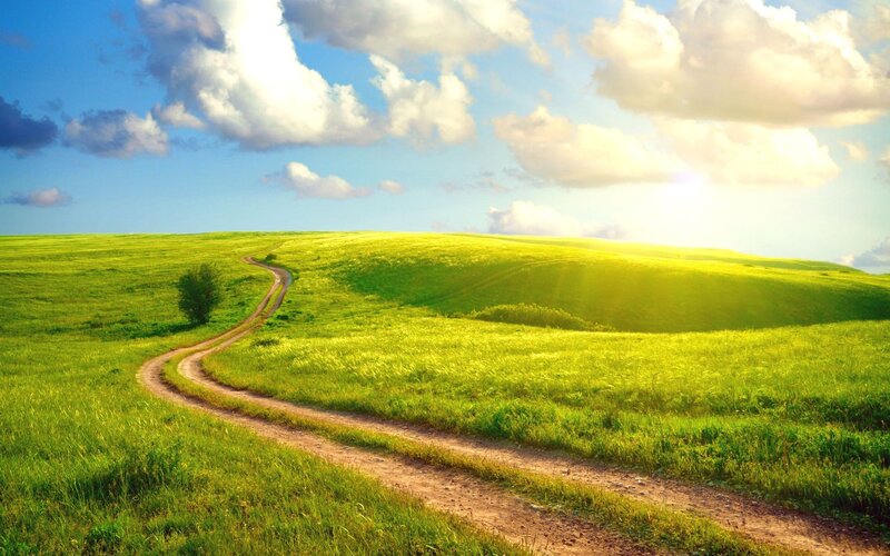 Winding path through green hills