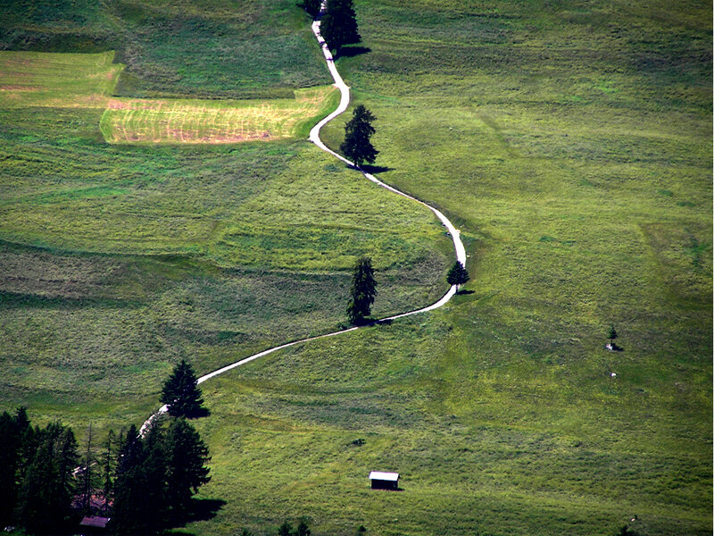 Winding path through green hills