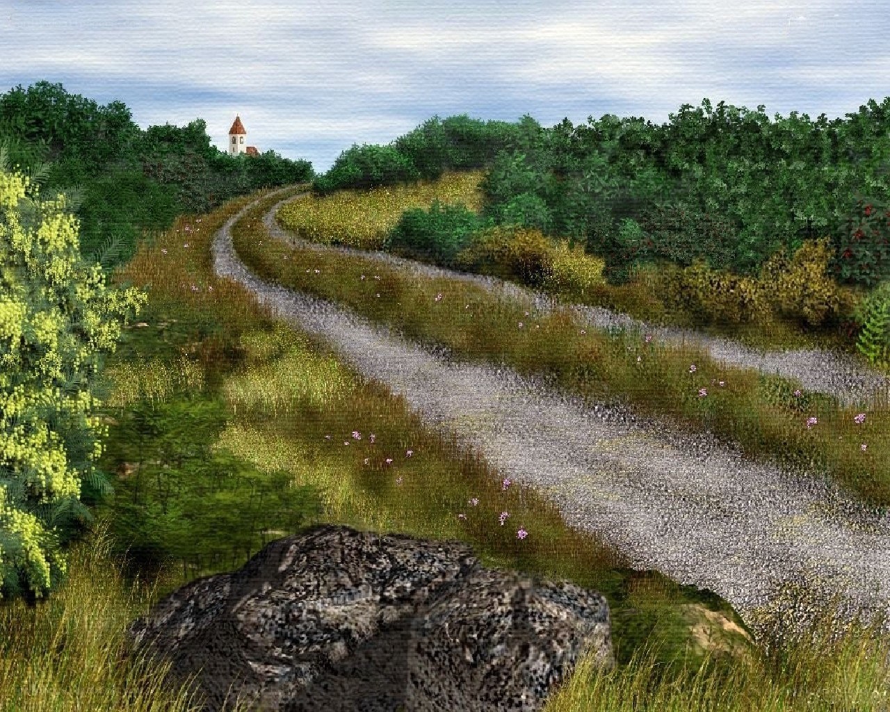 Winding path to a distant church