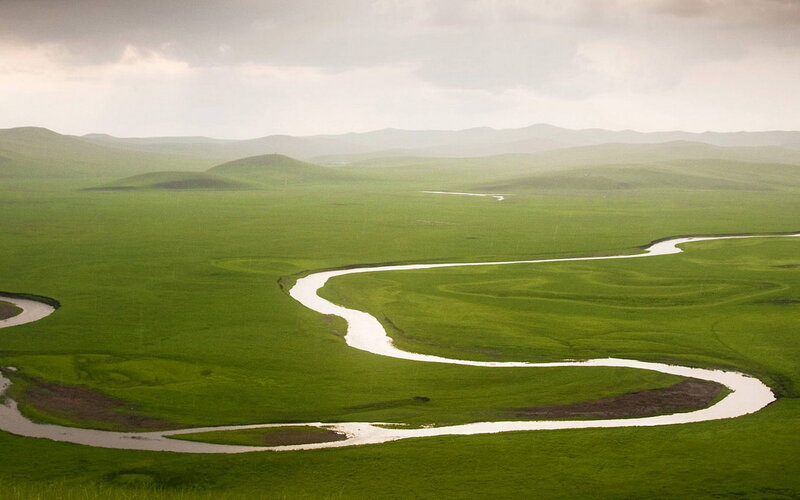 Winding River in Grassland — Green