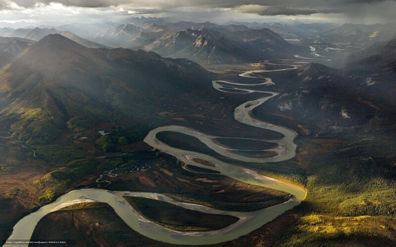 Winding River in Mountains — Green, Dramatic, Afternoon, Photograph, Clouds