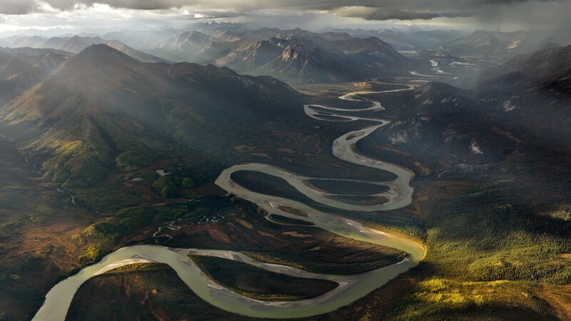 Winding River in Mountains — Green, Dramatic, Afternoon, Photograph, Forest