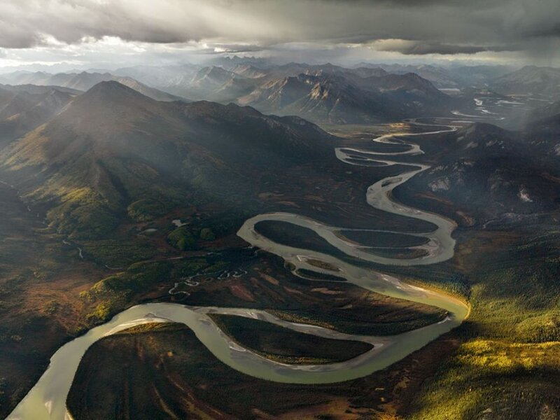 Winding River in Mountains — Green, Dramatic, Afternoon, Photograph
