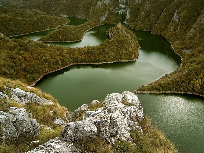 Winding River in Mountains — Green
