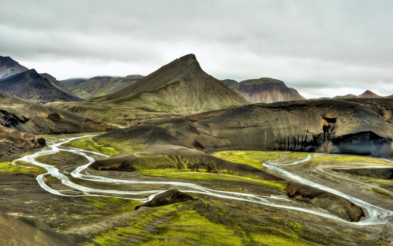 Winding River in Volcanic Landscape — Green, Dramatic, Photograph, Mountains, Moss