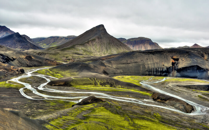 Winding River in Volcanic Landscape