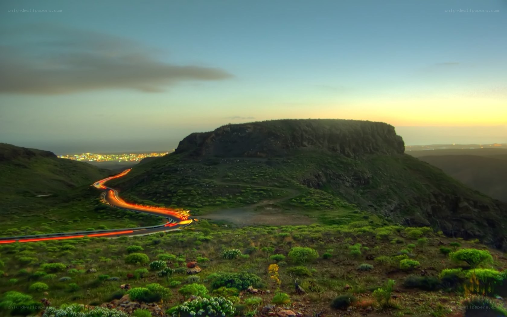 Winding road at dusk