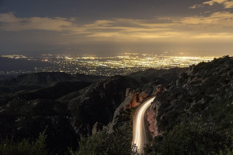 Winding Road at Night — Black, Dramatic, Photograph, City Lights