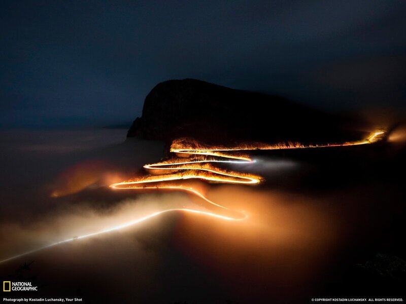 Winding Road at Night — Black, Dramatic, Photograph, Mountain