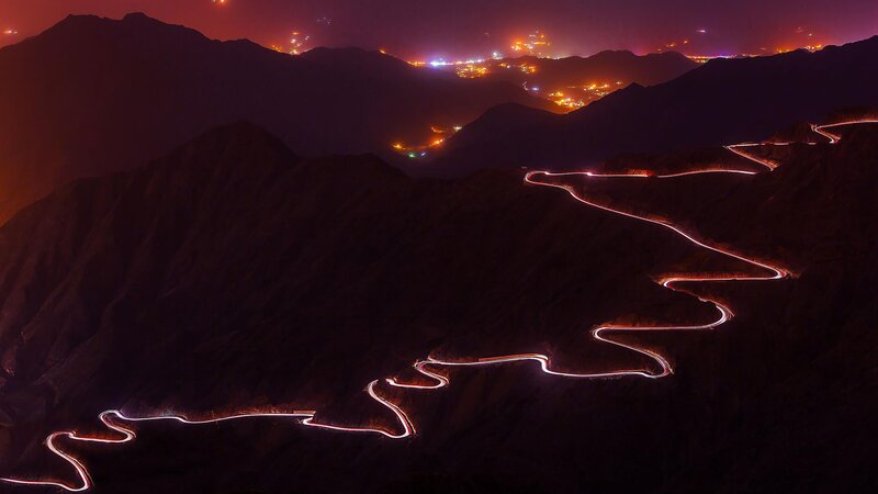 Winding Road at Night — Black, Dramatic, Photograph, Mountains