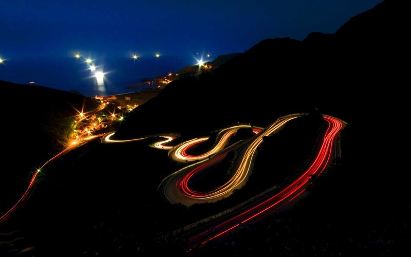 Winding Road at Night — Black, Dramatic, Photograph