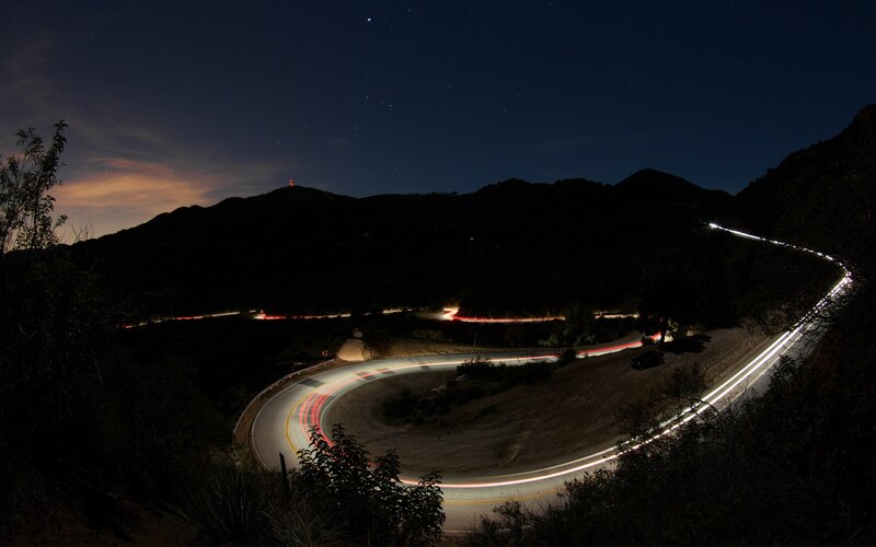 Winding Road at Night — Black, Serene, Photograph, Mountains, Stars