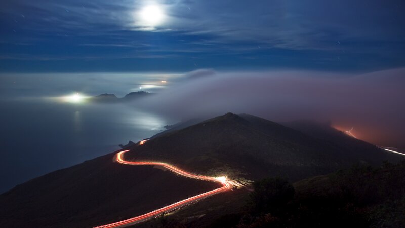 Winding Road at Night — Blue, Dramatic, Photograph, Mountain, Moon, Clouds
