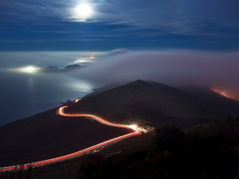 Winding Road at Night — Blue, Dramatic, Photograph, Mountain, Moon