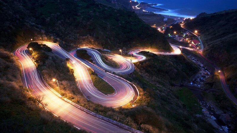 Winding Road at Night — Blue, Dramatic, Photograph, Mountain