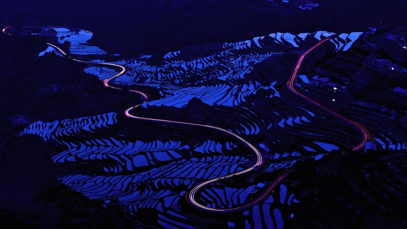Winding Road at Night — Blue, Dramatic, Photograph, Terraced Fields