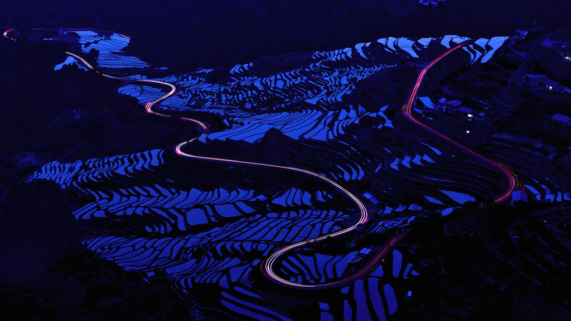 Winding Road at Night — Blue, Dramatic
