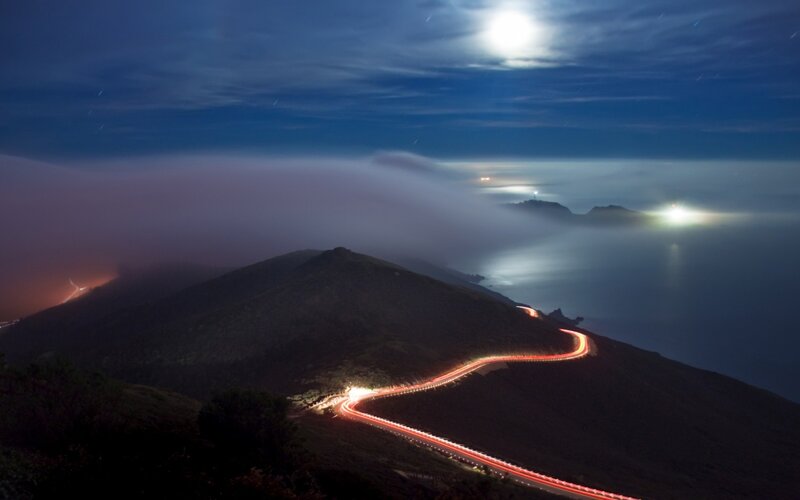 Winding Road at Night — Blue, Serene, Photograph