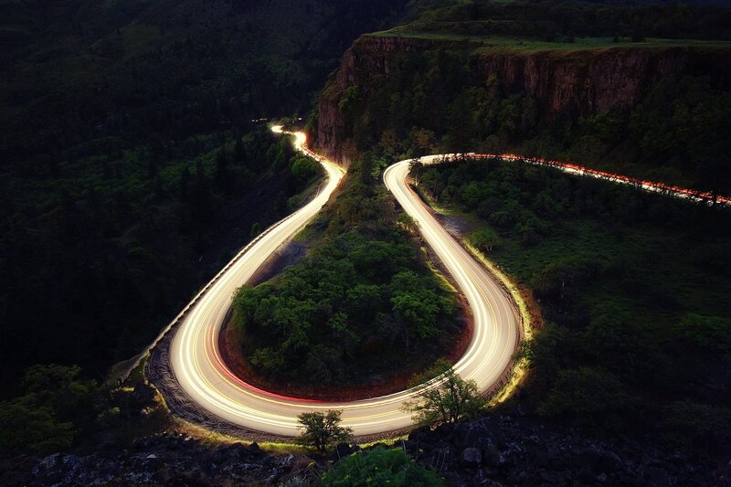 Winding Road at Night — Green, Dramatic, Photograph, Mountain