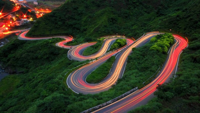 Winding Road at Night — Green, Dramatic, Photograph