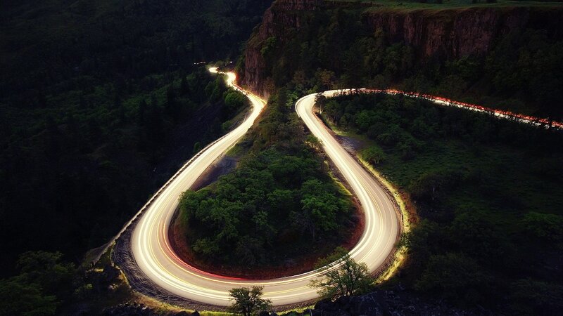 Winding Road at Night — Green, Dramatic