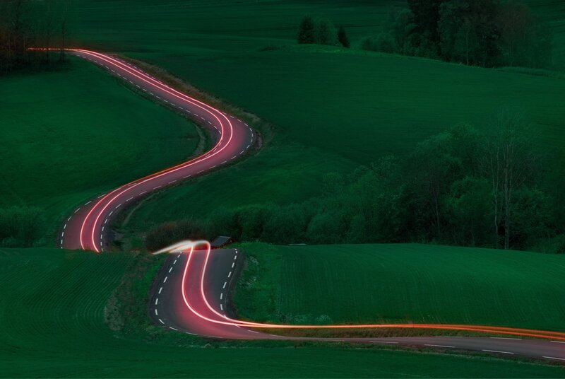 Winding Road at Night — Green, Serene, Photograph
