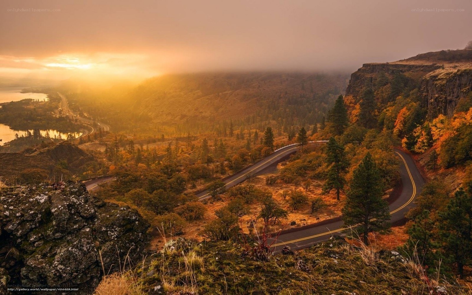 Winding road at sunset