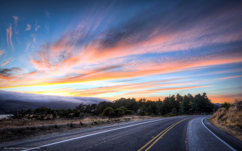 Winding Road at Sunset — Blue, Dramatic, Photograph