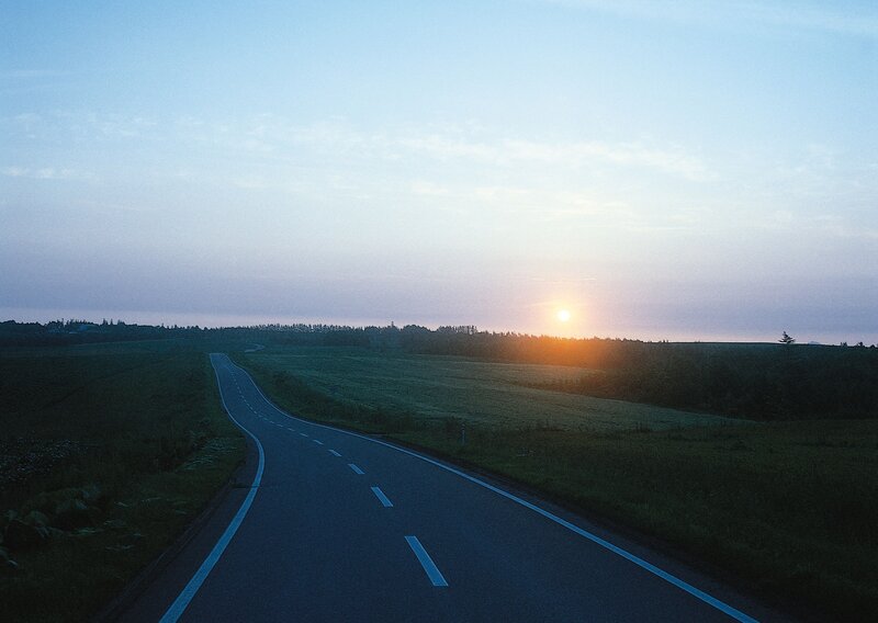 Winding Road at Sunset — Blue, Serene