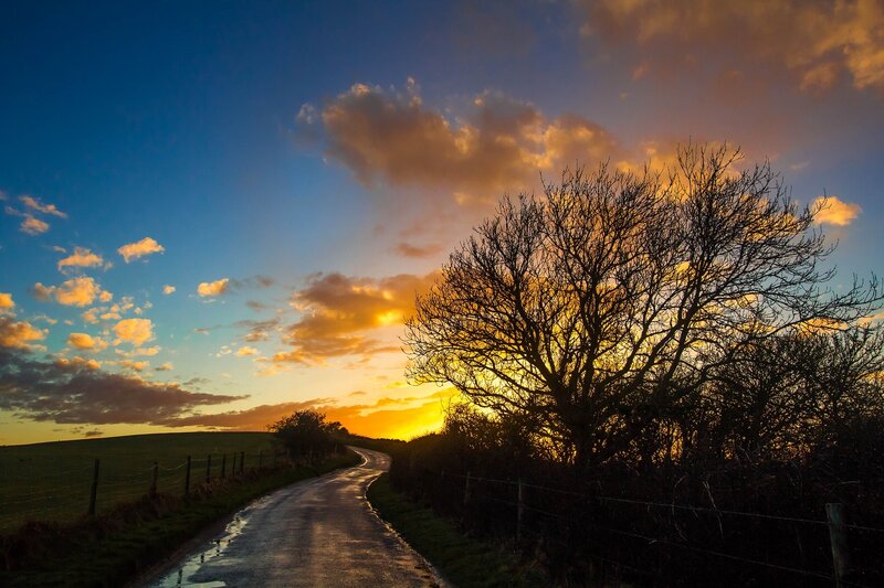 Winding Road at Sunset — Blue