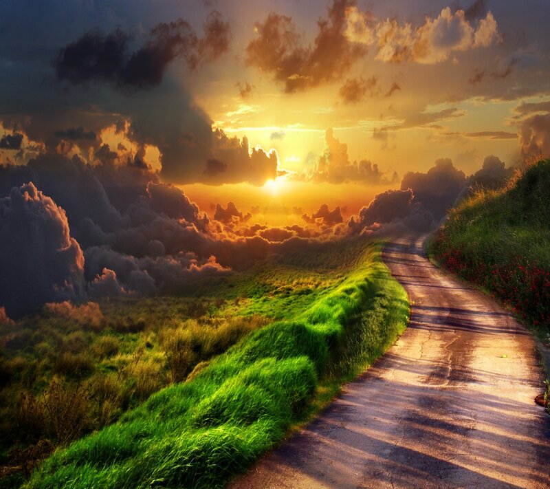 Winding Road at Sunset — Green, Dramatic, Digital Art, Clouds