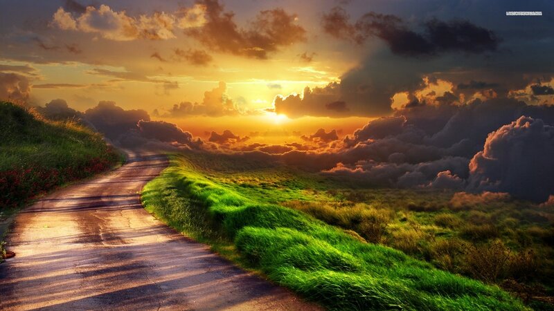 Winding Road at Sunset — Green, Dramatic, Digital Art, Grass, Clouds