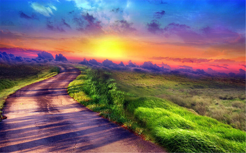 Winding Road at Sunset — Green, Dramatic, Digital Art, Grass, Sky