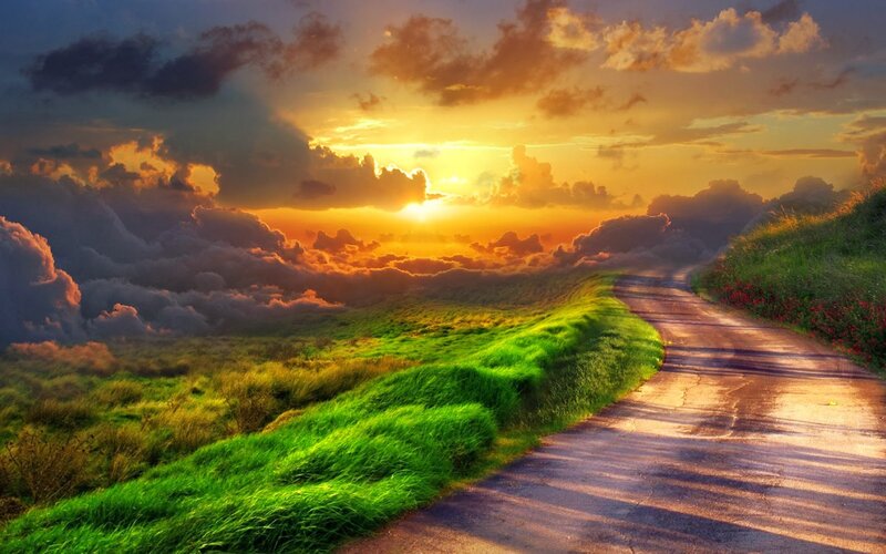 Winding Road at Sunset — Green, Dramatic, Digital Art, Grass