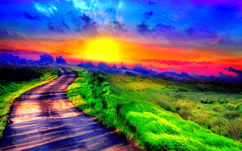 Winding Road at Sunset — Green, Dramatic, Digital Art