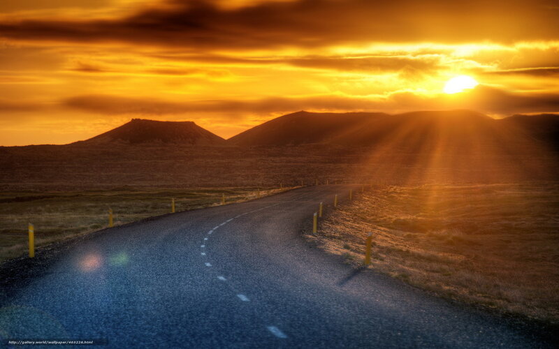 Winding Road at Sunset — Orange, Dramatic, Photograph, Mountains, Sun, Guardrails