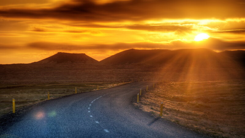 Winding Road at Sunset — Orange, Dramatic, Photograph, Mountains, Sun, Sky