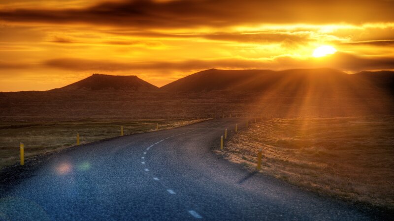 Winding Road at Sunset — Orange, Dramatic, Photograph, Mountains, Sun