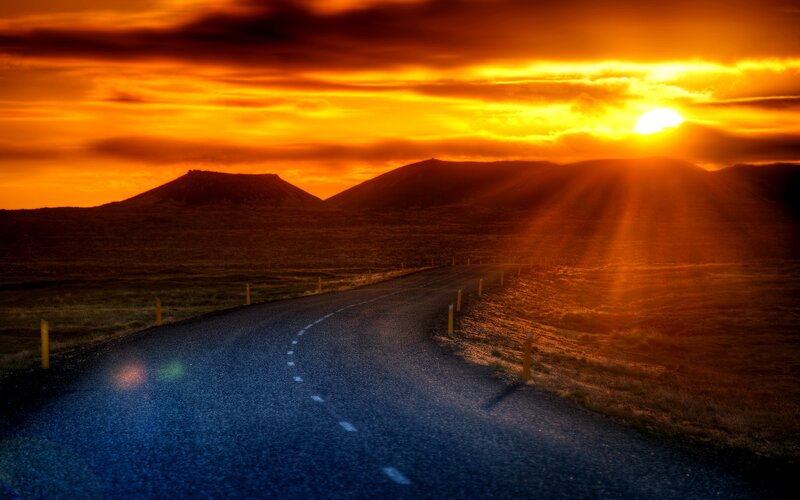 Winding Road at Sunset — Orange, Dramatic, Photograph, Mountains