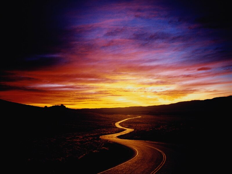 Winding Road at Sunset — Orange, Dramatic, Photograph, Sky
