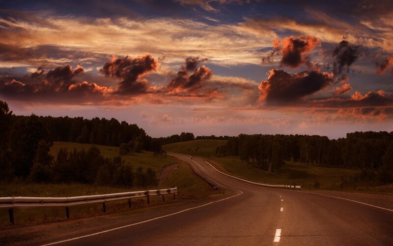 Winding Road at Sunset — Orange, Dramatic, Photograph, Trees, Clouds