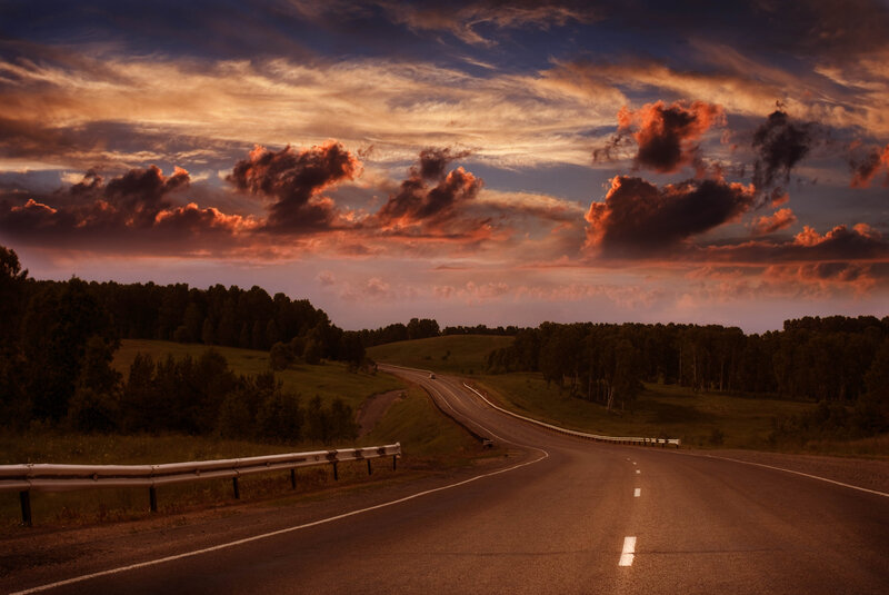 Winding Road at Sunset — Orange, Dramatic, Photograph, Trees