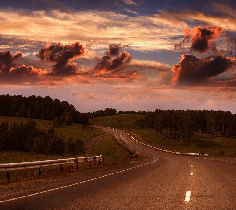 Winding Road at Sunset — Orange, Dramatic