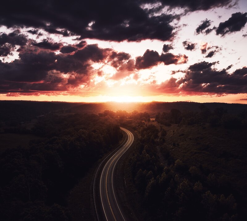 Winding Road at Sunset — Purple, Dramatic