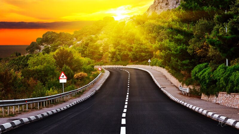 Winding Road at Sunset — Yellow, Serene
